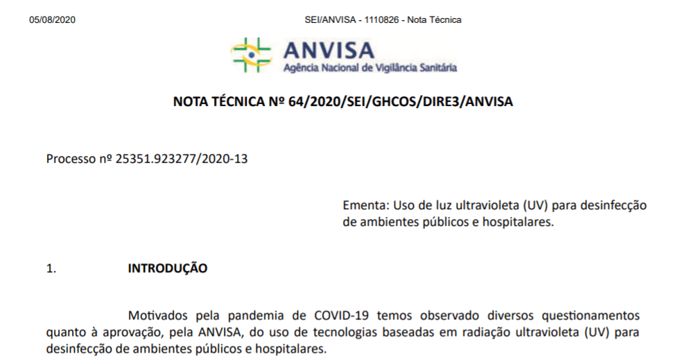 Acesso Verde News: Nota técnica Anvisa - Uso de luz ultravioleta (UV) para desinfecção de ambientes públicos e hospitalares.